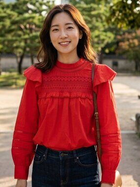 J Crew Crocheted Lace Ruffle Top Blouse Bright Red Reimagined Sz S AK764